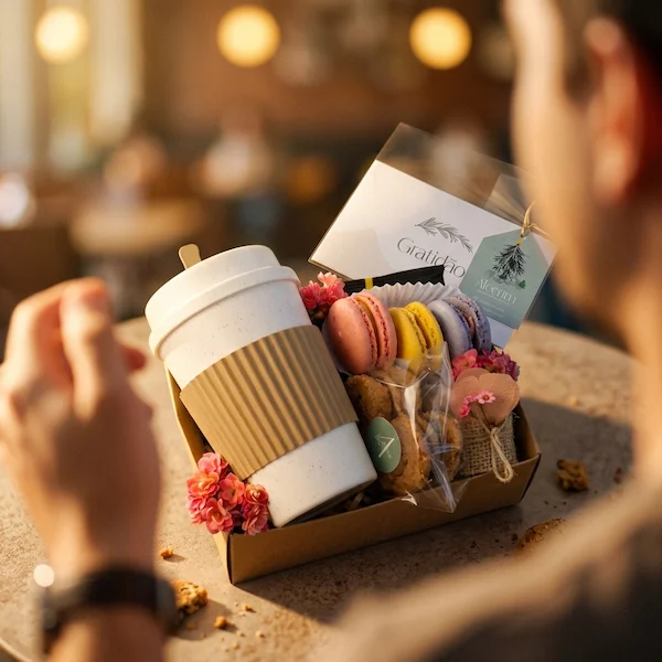 Close-up de cliente segurando uma cesta de presente personalizada Alecrim em Belo Horizonte, com copo de café, macarons e cartão de gratidão, em um ambiente de café acolhedor e desfocado.